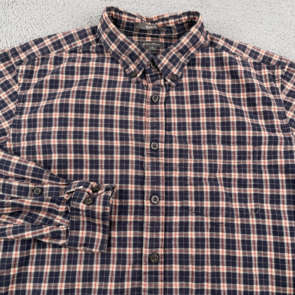 Eddie Bauer Shirt Mens Large Tall Blue Flannel Twill Relaxed Fit Outdoors Plaid